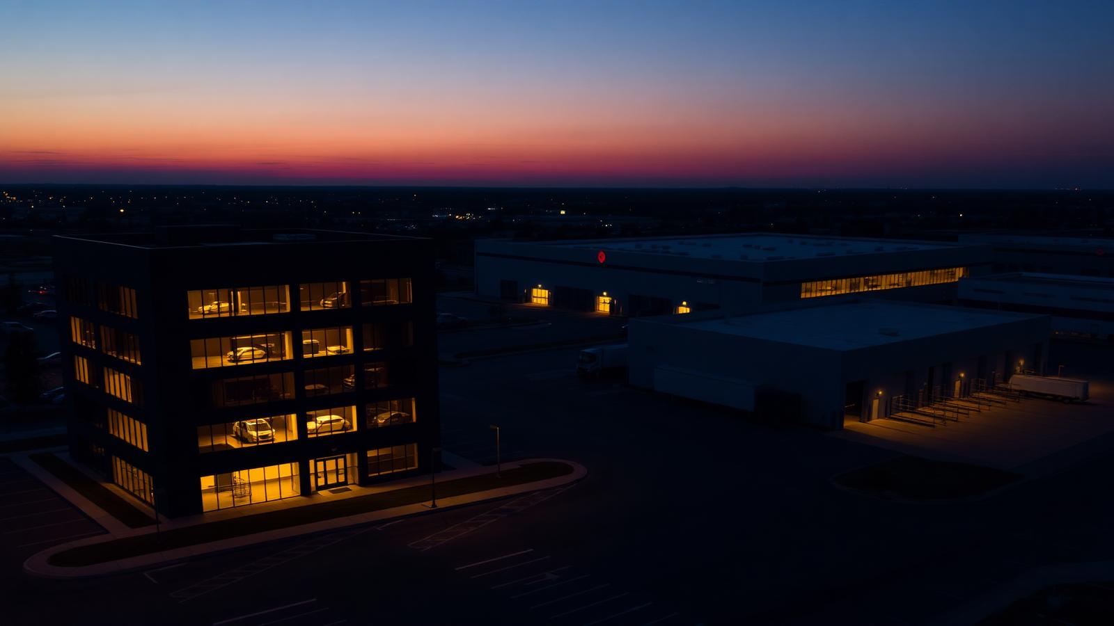Aerial view of modern commercial buildings at dusk with warm interior lighting