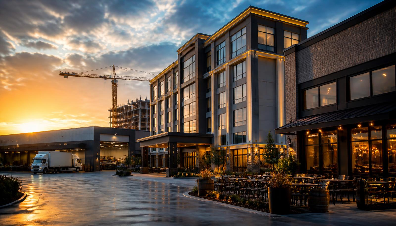Commercial district at golden hour showing a hotel, warehouse, restaurant and construction crane